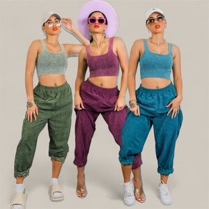 Washed ribbed square neck cropped tank with corduroy pocket pants